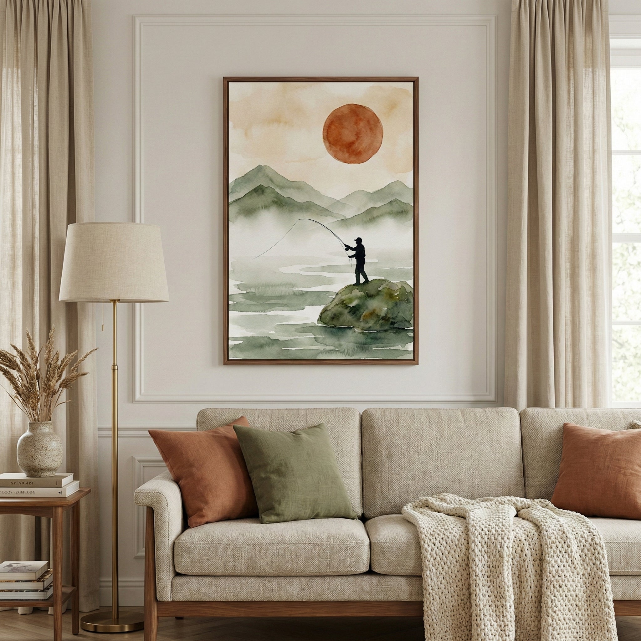 Framed artwork featuring a silhouetted fisherman in front of misty mountain ranges and a glowing red sun, displayed above a neutral-toned sofa. The composition blends earthy tones with serene landscape elements.