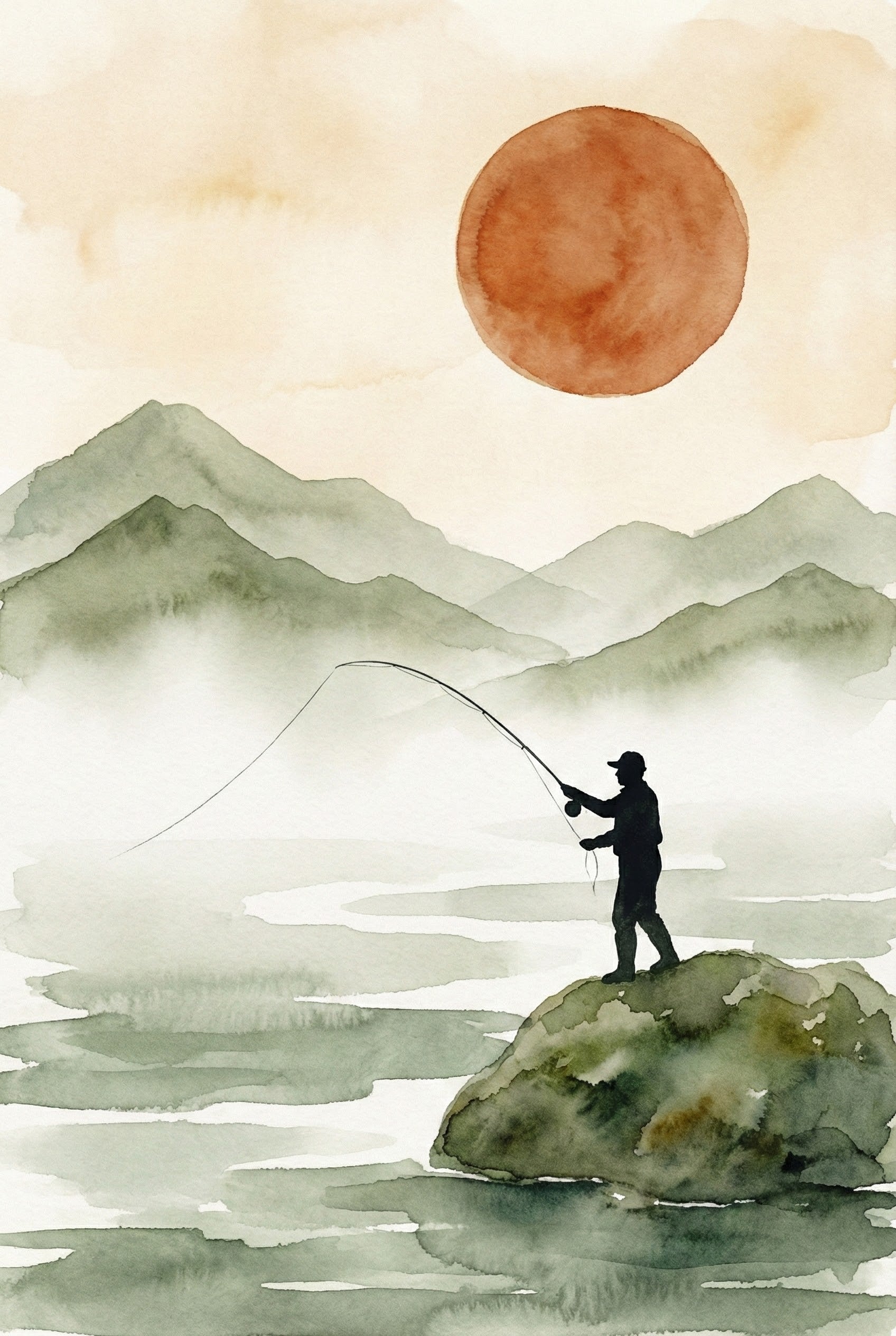 Watercolor painting of a fisherman casting a line while standing on a mossy rock in a misty lake. Faded green mountains rise in the background beneath a large, burnt-orange sun in a hazy sky.
