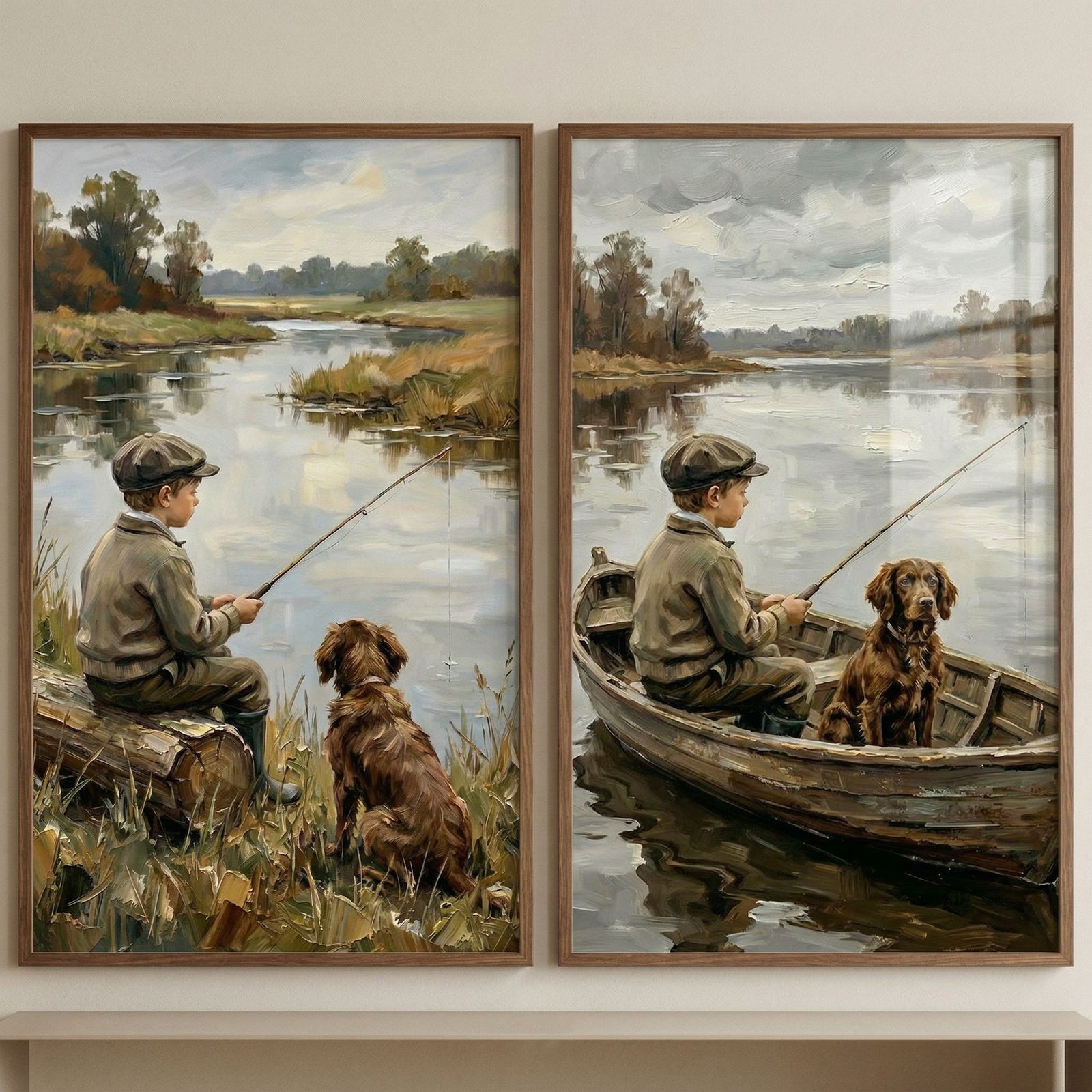 Fishing boy and dog wall art set of 2 shows two river scenes of a child and pet fishing by a log and in a wooden boat.