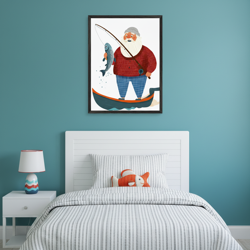 Framed illustration of a bearded fisherman holding a large fish on a line, hanging above a white twin bed with striped bedding and a stuffed orange fish pillow. The room has teal walls, a small white nightstand with a colorful lamp, and a playful, nautical-themed decor.