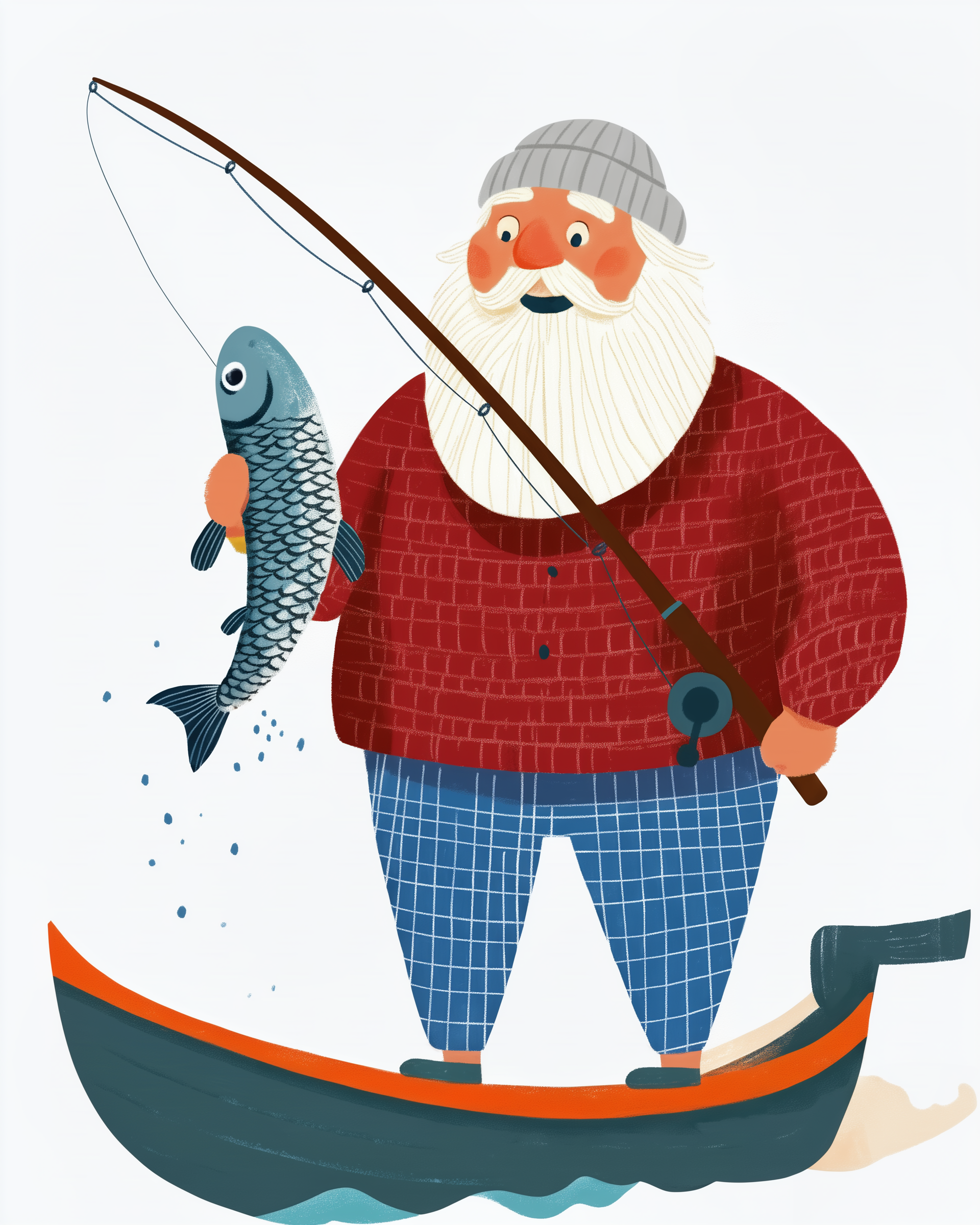 A cheerful fisherman with a bushy white beard and a gray beanie stands on a small boat, proudly holding a fishing rod with a lively fish dangling from the line. He wears a red checkered sweater and blue plaid pants, adding a whimsical touch to the scene.