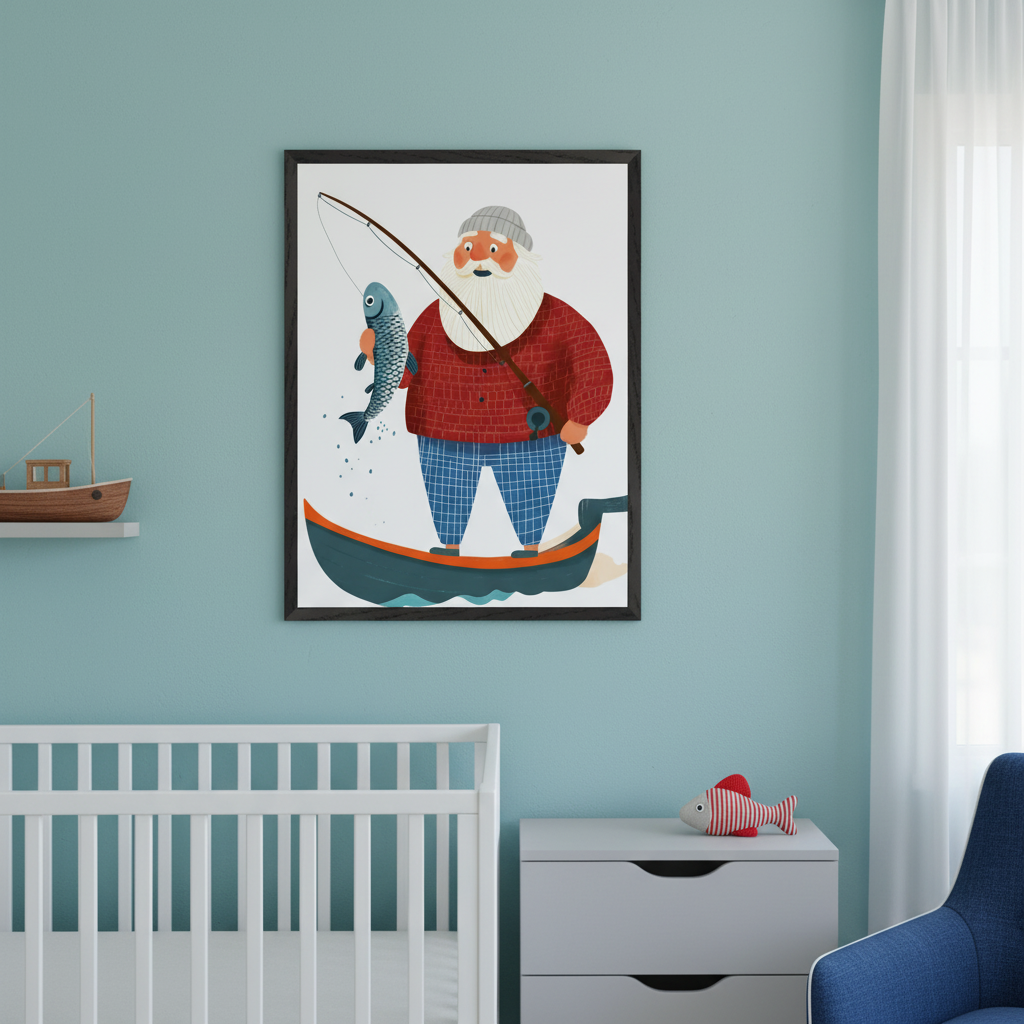 Modern nursery with light blue walls. A large framed illustration of an old man fishing in a boat, holding a blue fish, hangs centrally above a white crib and a gray dresser. A blue armchair and a wooden toy boat on a shelf are also present.