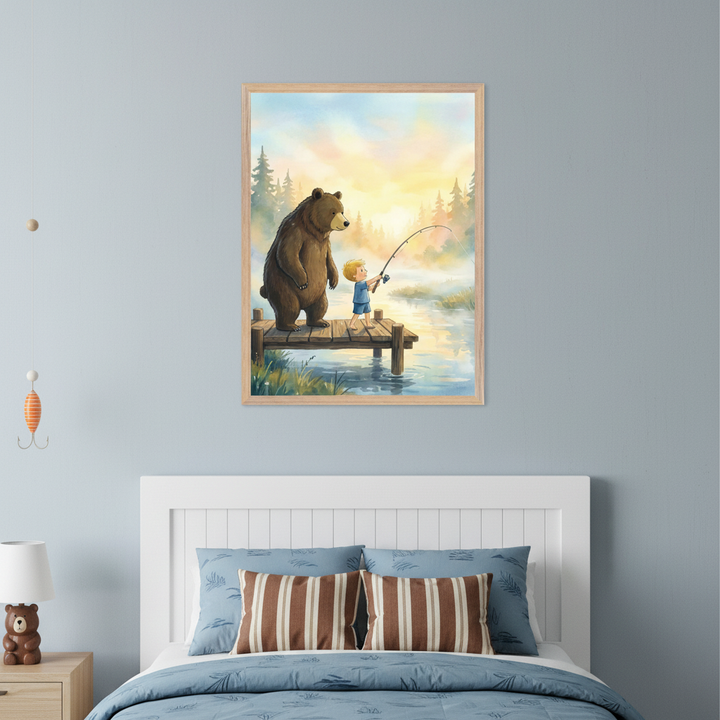 Kid's bedroom with a white slatted headboard, blue bedding, and striped pillows. A framed illustration of a large brown bear and a boy fishing on a dock at sunrise hangs above the bed. A bear lamp is on the bedside table.