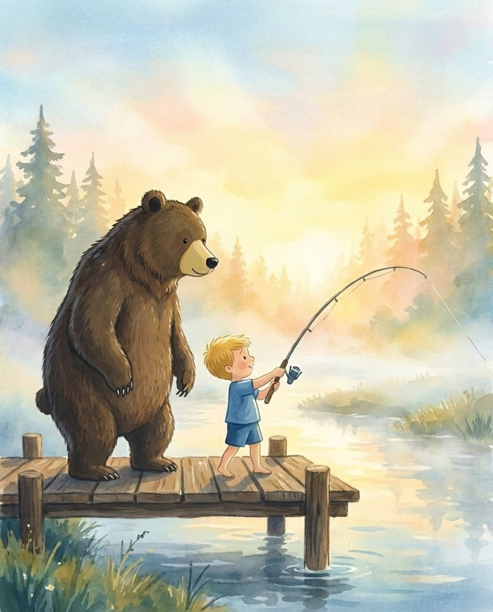 A peaceful illustration of a boy fishing with a rod while a bear stands beside him on a wooden dock surrounded by misty water and glowing sunrise colors showing a calm moment of bear friendship and love at the start of the day
