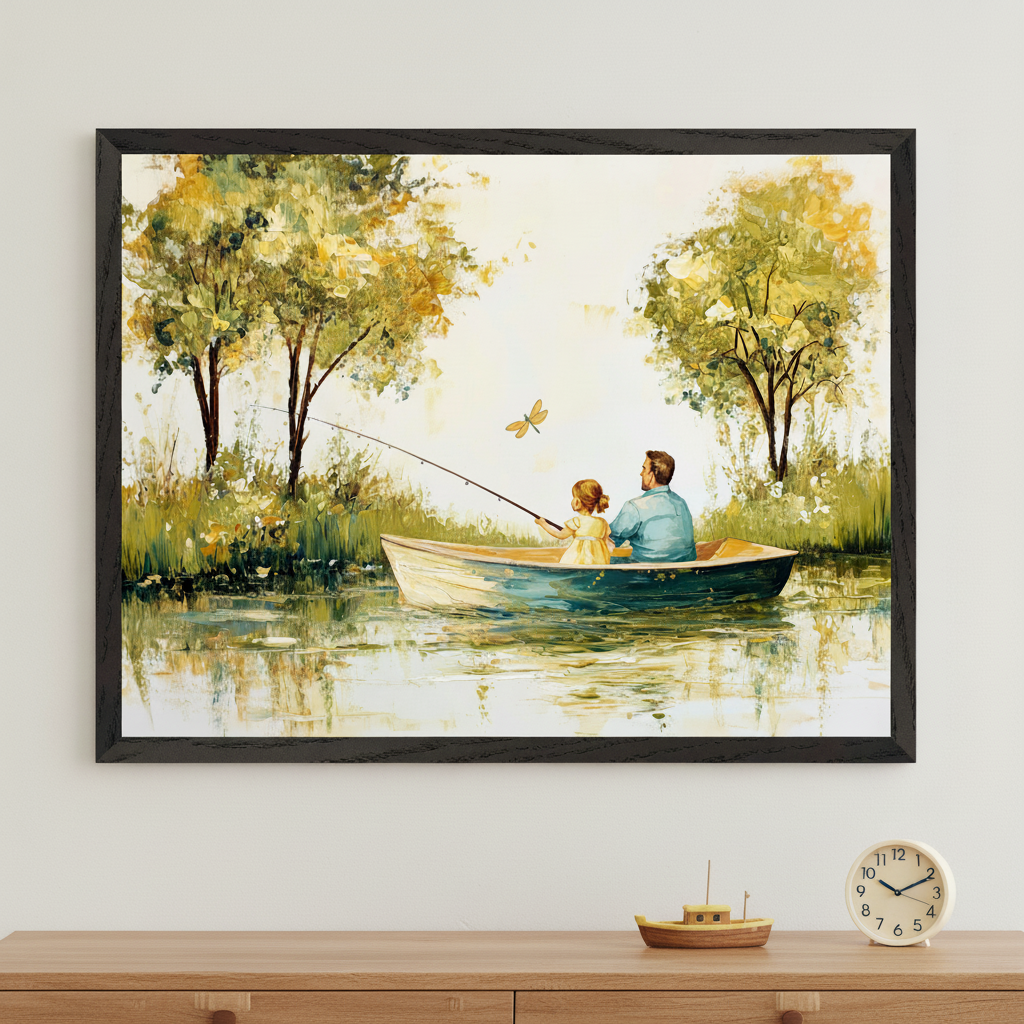 Modern room with a light wood dresser. A large framed painting hangs centered above, depicting a father and daughter fishing in a boat on a lake with trees, in a textured oil painting style. A decorative boat and clock sit on the dresser.