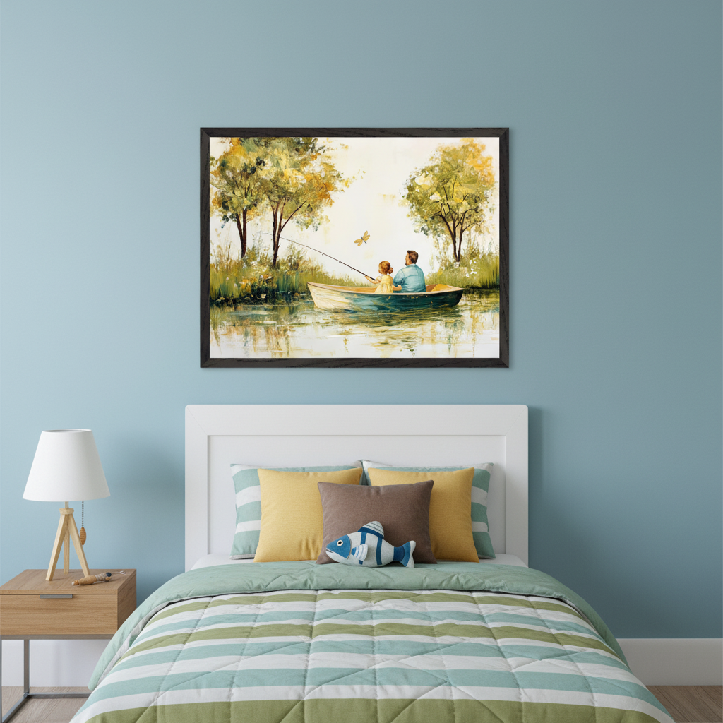 Kid's bedroom with a white headboard bed, striped quilt, and yellow pillows. A wooden nightstand with a lamp sits left. Above the bed, a large framed painting shows a father and child fishing in a boat on a river with trees, in a painterly style.