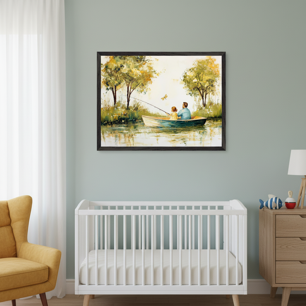 Modern nursery with a white crib, yellow armchair, and wooden dresser. A large framed painting hangs above the crib, depicting a father and child fishing in a boat on a lake with trees, in an impressionistic style.