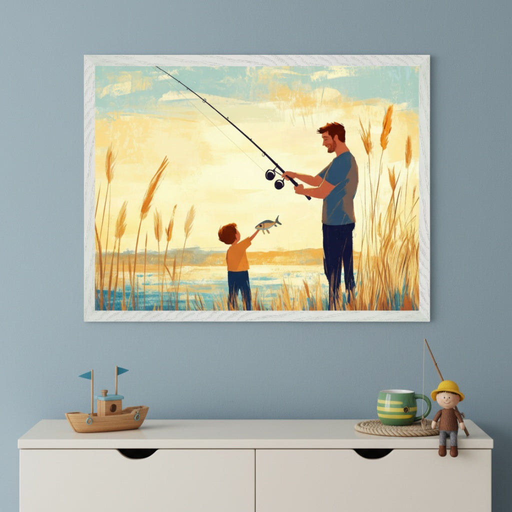 Kid's bedroom with a light blue wall and a white dresser. A large framed painting of a father and son fishing in tall reeds at sunset hangs above the dresser. The son holds up a fish. A toy boat, green mug, and fishing doll are on the dresser.