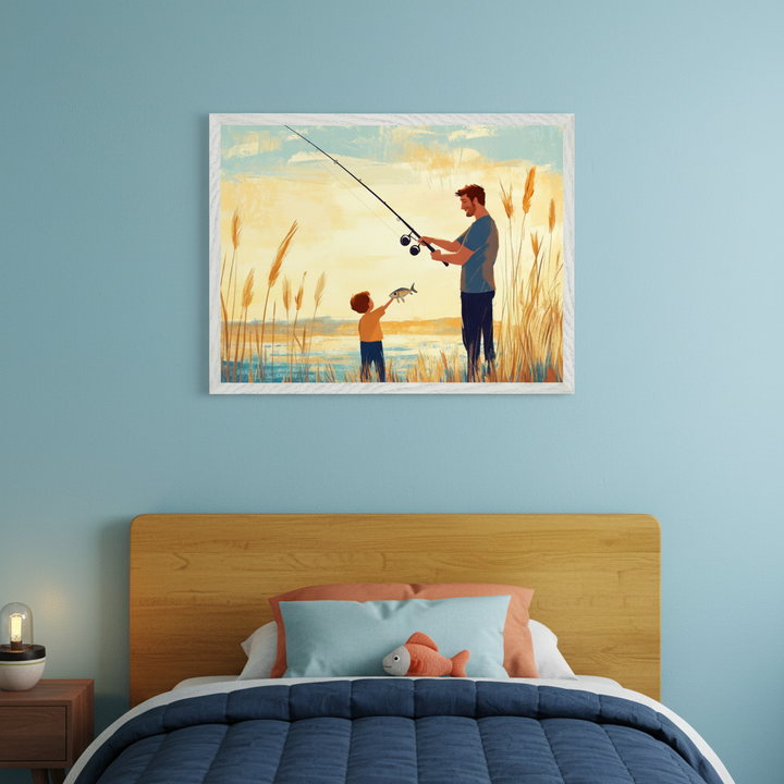 Kid's bedroom with a wooden bed, blue bedding, and a nightstand. A framed, stylized illustration of a father and son fishing, with the son holding a fish, hangs centered above the bed on a blue wall.