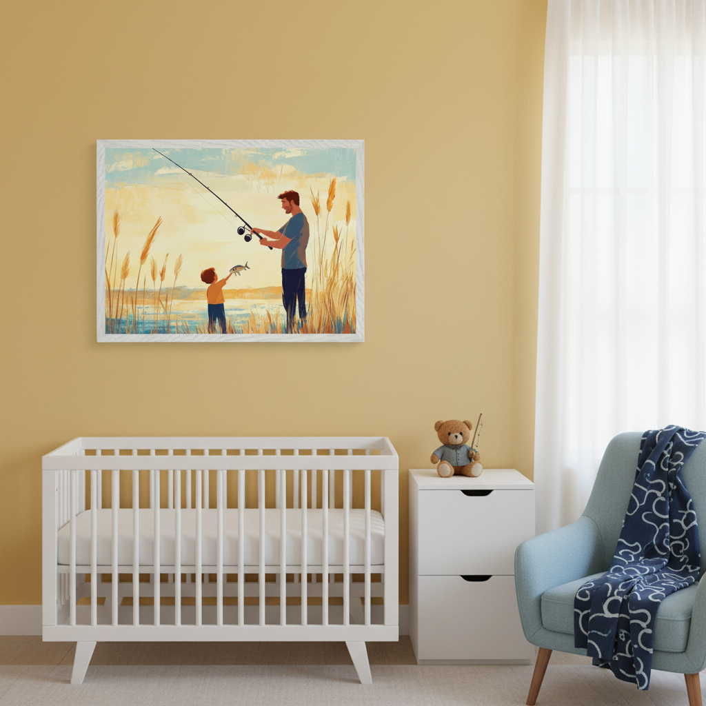 Modern nursery with a white crib, white two-drawer dresser, and light blue armchair. A framed painting of a father and son fishing in a reedy lake hangs above the crib.