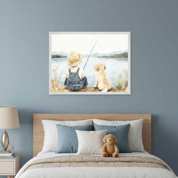 Light blue kid's bedroom with a wooden bed, blue and white bedding, and a teddy bear. A white framed painting of a child in overalls fishing with a golden retriever puppy by a lake hangs above the bed.