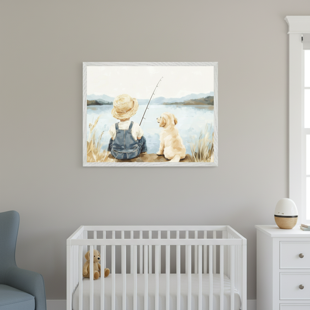 Nursery with a white crib, blue armchair, and white dresser. A framed painting of a child fishing with a golden retriever by a lake hangs centered above the crib.