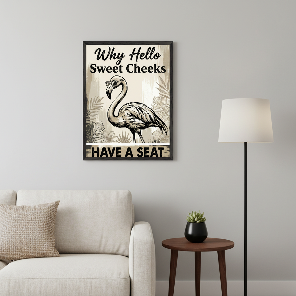 Living room with a white sofa on the left and a wooden side table with a plant. A black-framed print featuring a flamingo wearing sunglasses and the text 'Why Hello Sweet Cheeks HAVE A SEAT' in a sketched style hangs above the sofa, next to a white floor lamp.