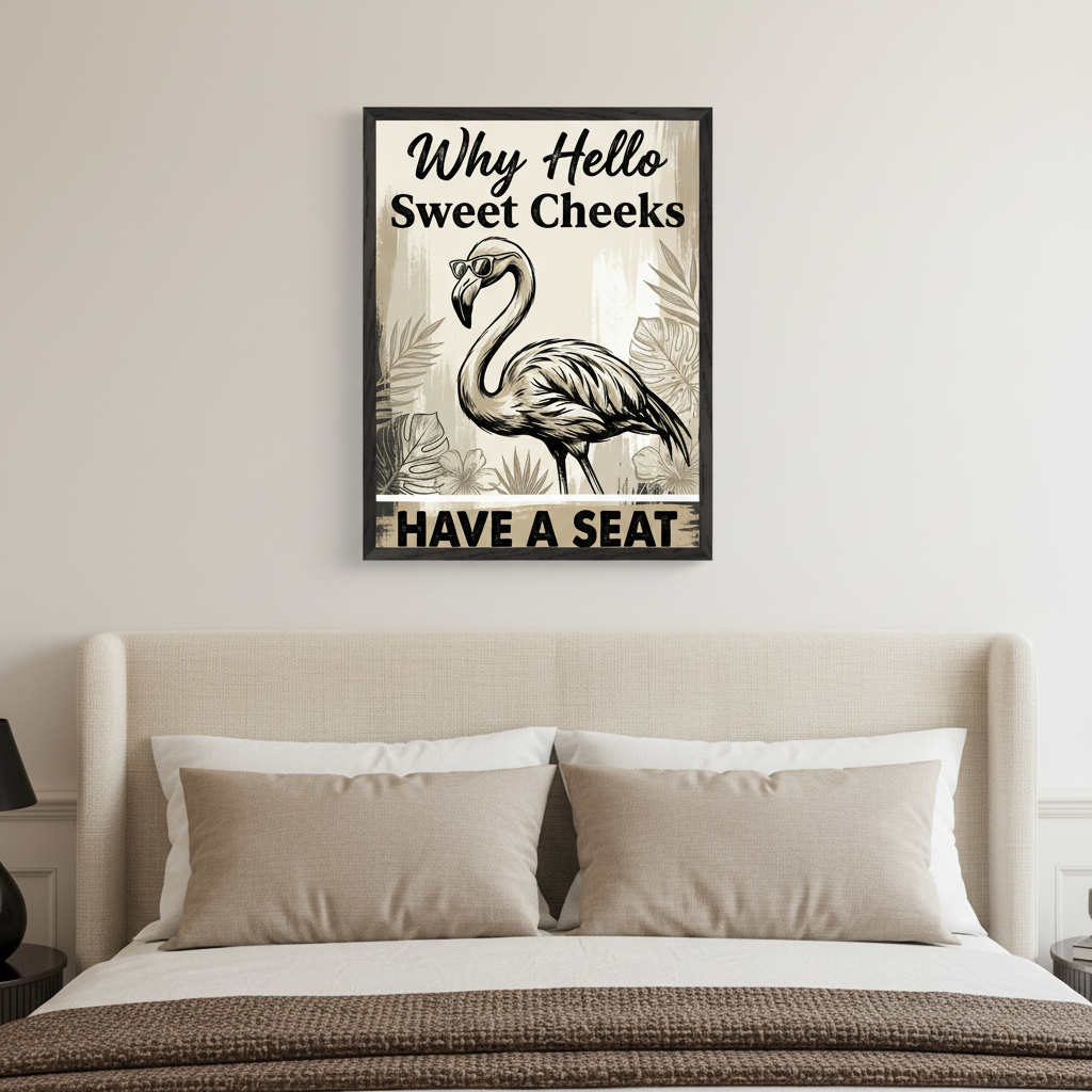 Modern bedroom with a bed and beige headboard. A framed print of a black and white flamingo wearing sunglasses, surrounded by tropical leaves and text "Why Hello Sweet Cheeks HAVE A SEAT", hangs centered above the bed.