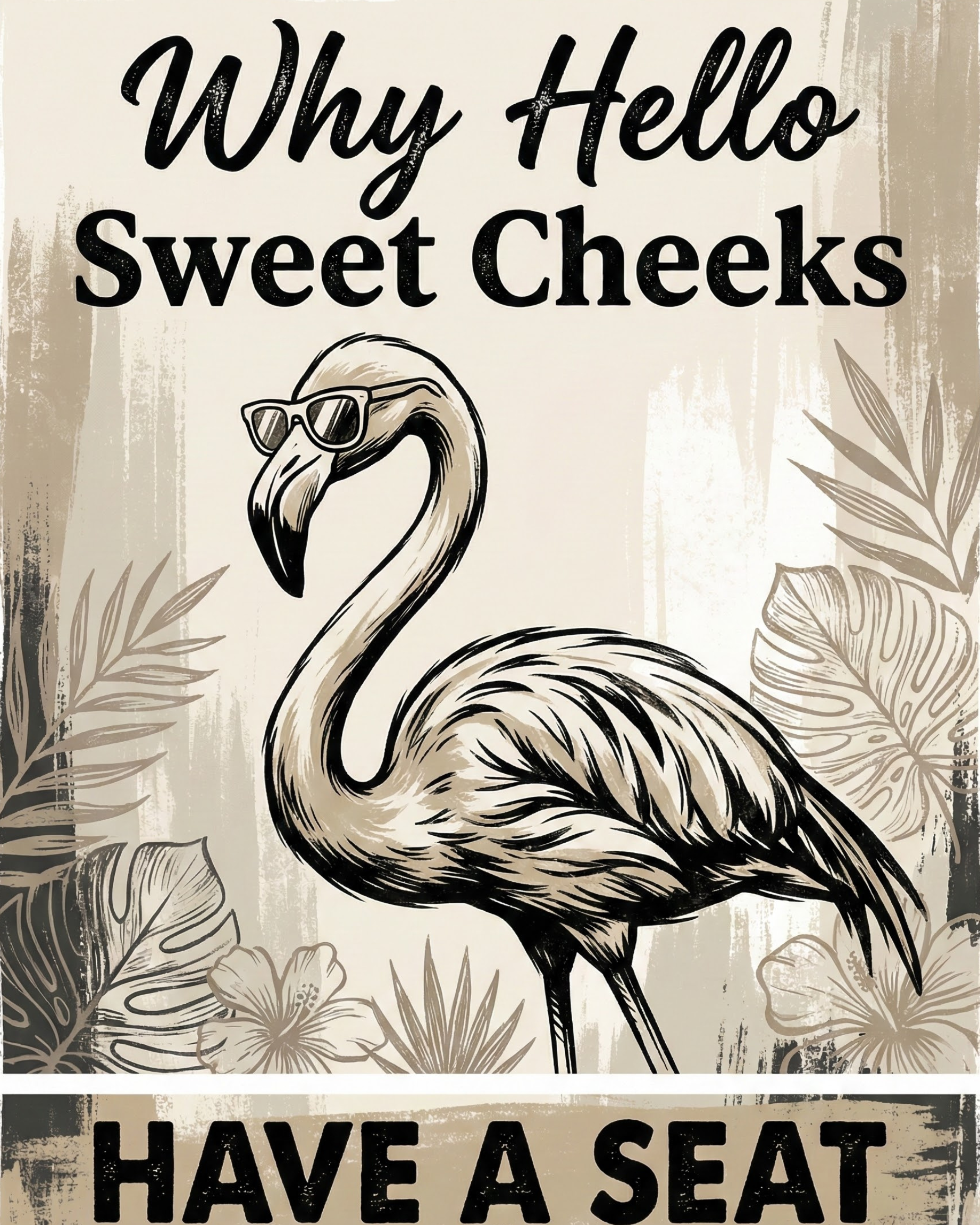 Vintage-style wall art of a flamingo wearing sunglasses with the humorous phrase “Why Hello Sweet Cheeks Have a Seat” surrounded by tropical leaves and flowers.
