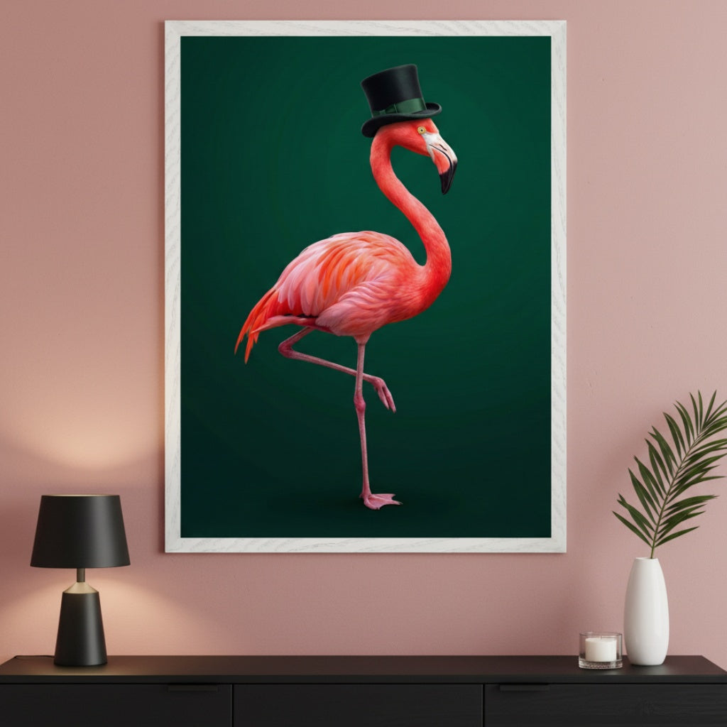 Modern living room with a black sideboard. A large framed print of a pink flamingo wearing a black top hat, standing on one leg on a dark green background, hangs above the sideboard. A black lamp and a white vase with a plant are on the sideboard.