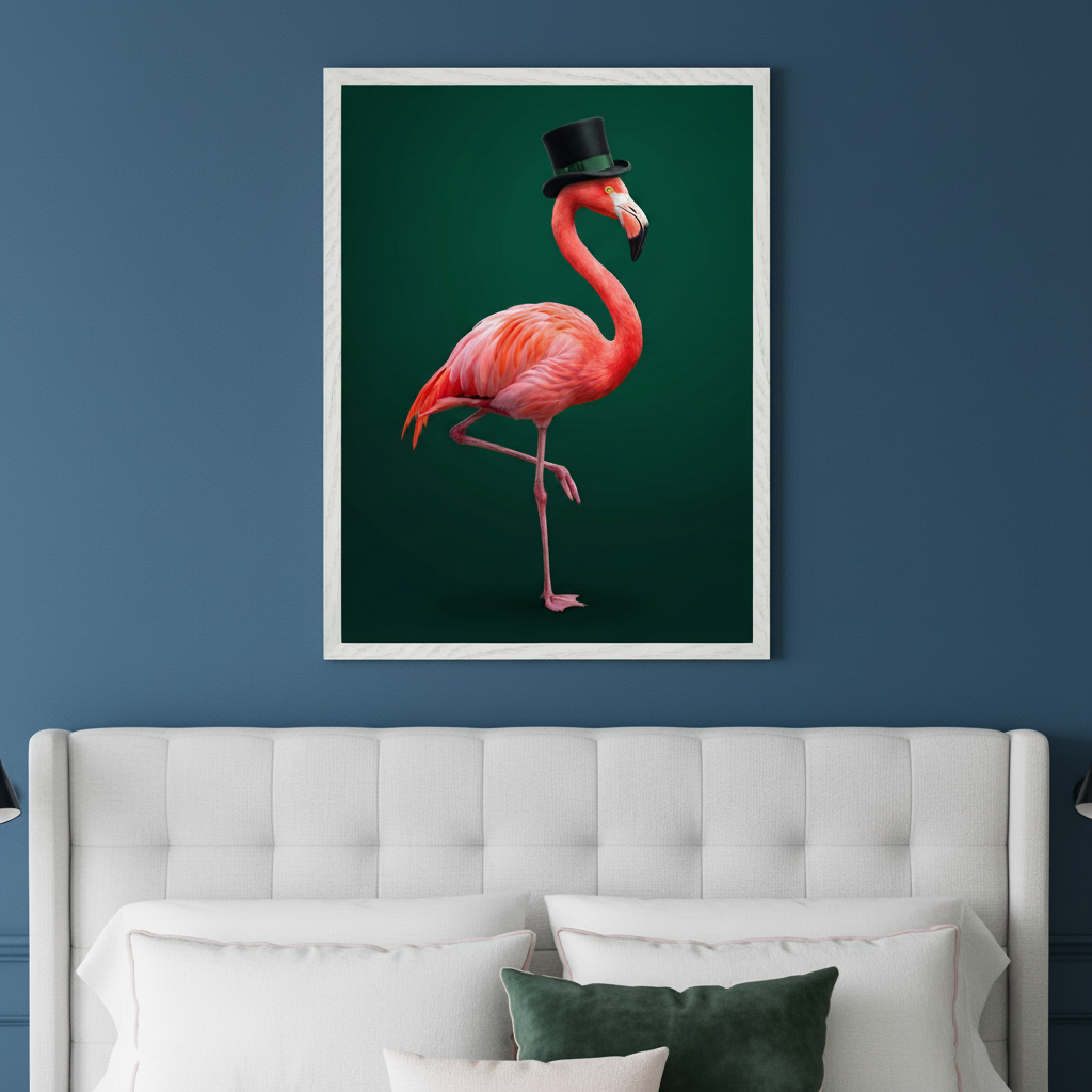 Bedroom with a white tufted bed. A framed artwork of a pink flamingo wearing a black top hat on a dark green background hangs centered above the bed.