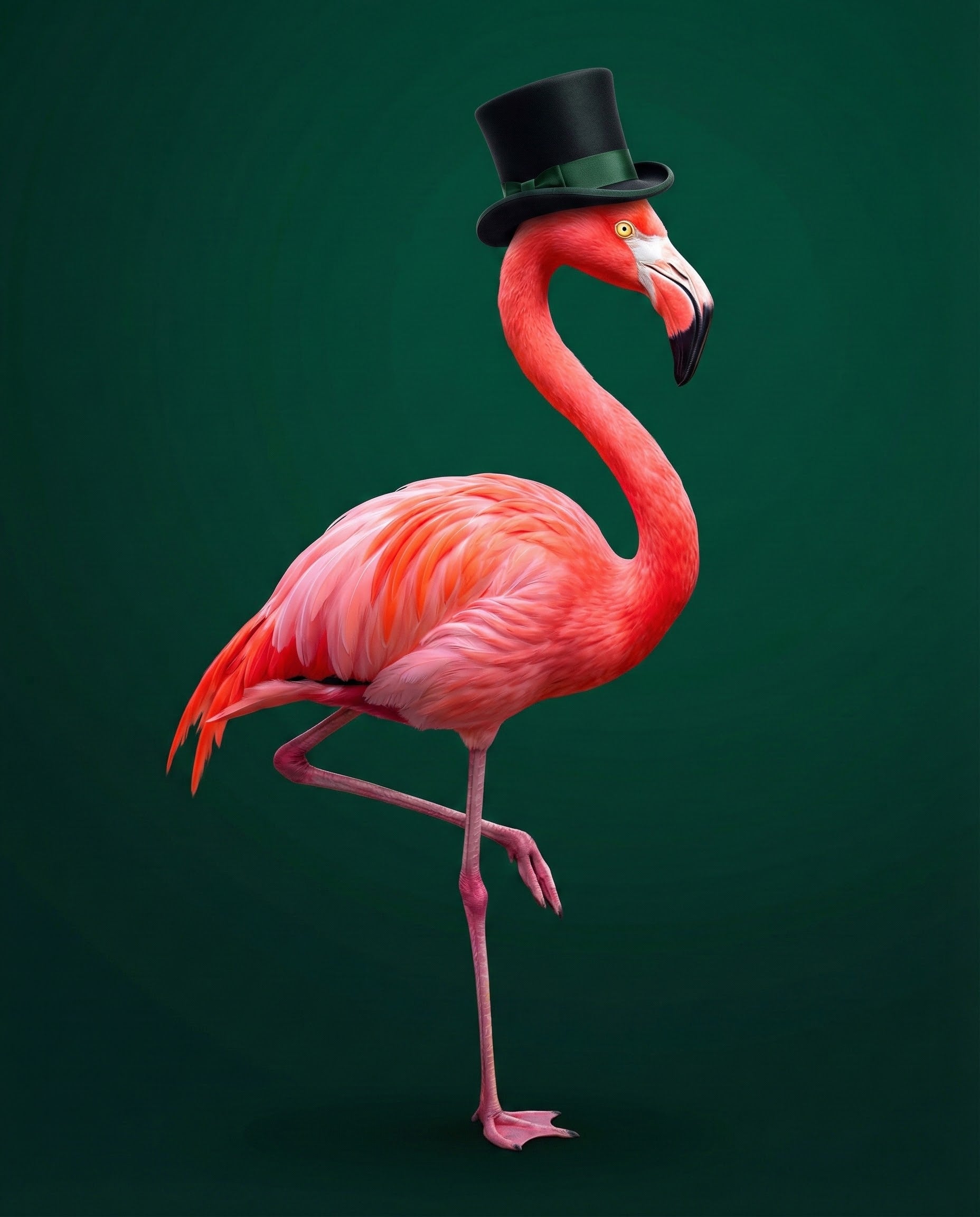 A realistic and brightly colored flamingo stands on one leg against a dark green background, wearing a formal black top hat with a green ribbon for a playful twist.
