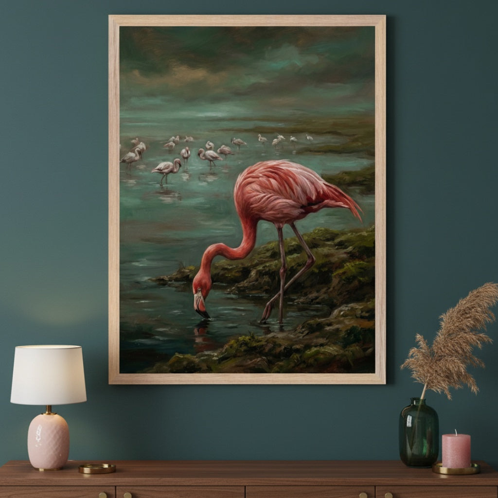 Modern room with a dark teal wall and wood console table. A large framed painting hangs above the table, depicting a pink flamingo drinking from water in a dark, marshy landscape, with other flamingos in the distance.
