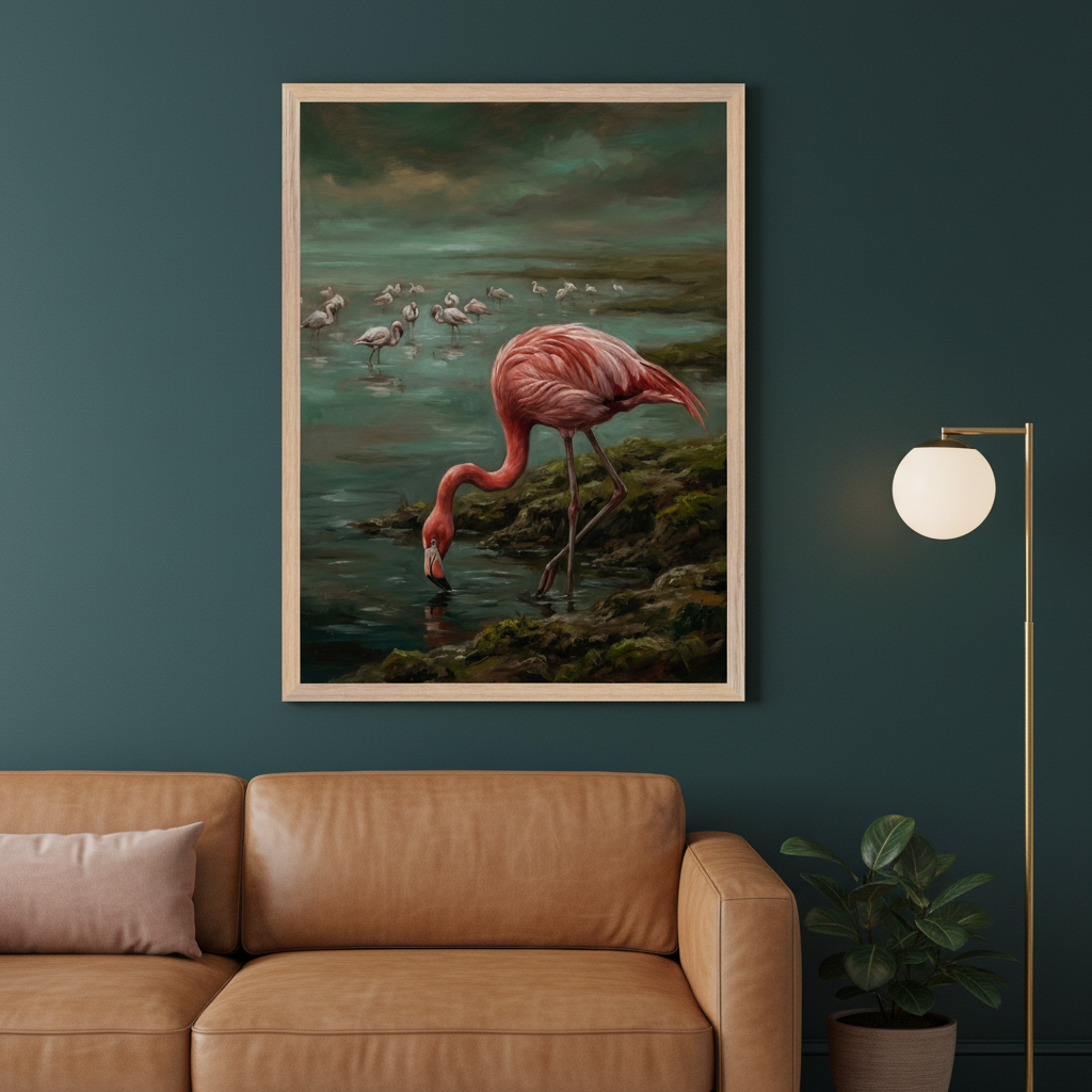 Modern living room with a brown leather sofa. A large framed oil painting of a pink flamingo drinking from water, with other flamingos in a dark green wetland, hangs above the sofa. A brass floor lamp is on the right.