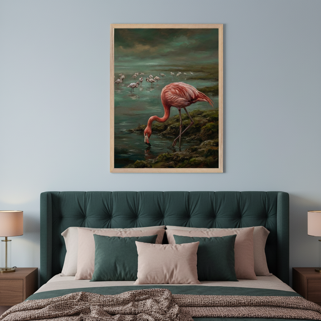 Bedroom with a dark green upholstered bed and two nightstands. A large framed painting of a pink flamingo drinking from water, with other flamingos in the background, hangs centered above the bed.