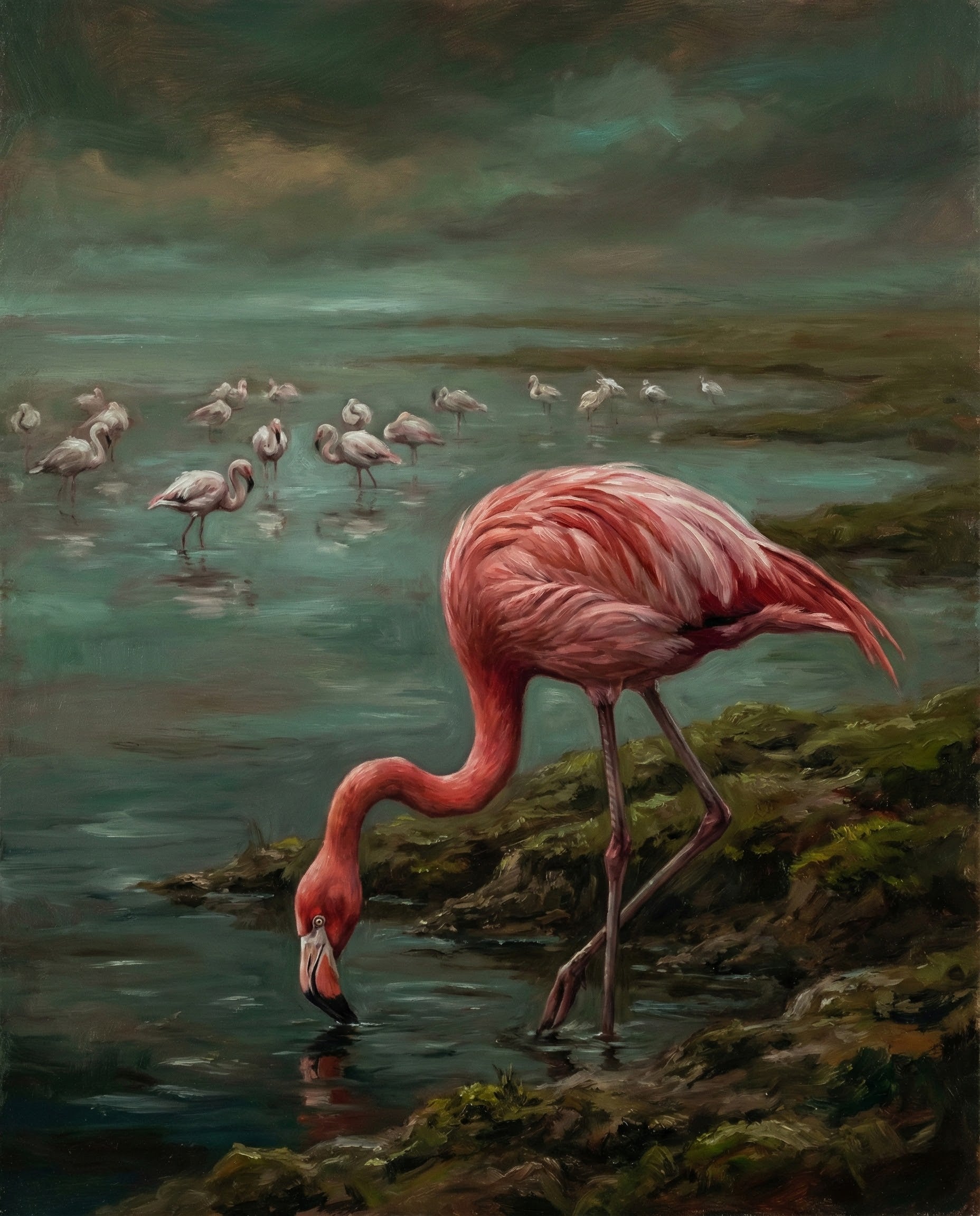A realistic painting of a lone flamingo drinking from still water in a misty marsh, with a flock in the background under a dramatic greenish sky.
