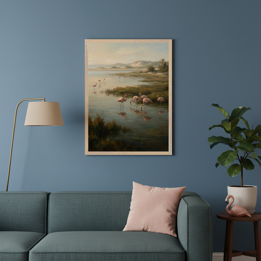 Living room with a dark teal sofa. A brass floor lamp stands left. A framed painting of pink flamingos in a marshy landscape hangs above the sofa. A potted plant and flamingo figurine are on a wooden side table to the right.