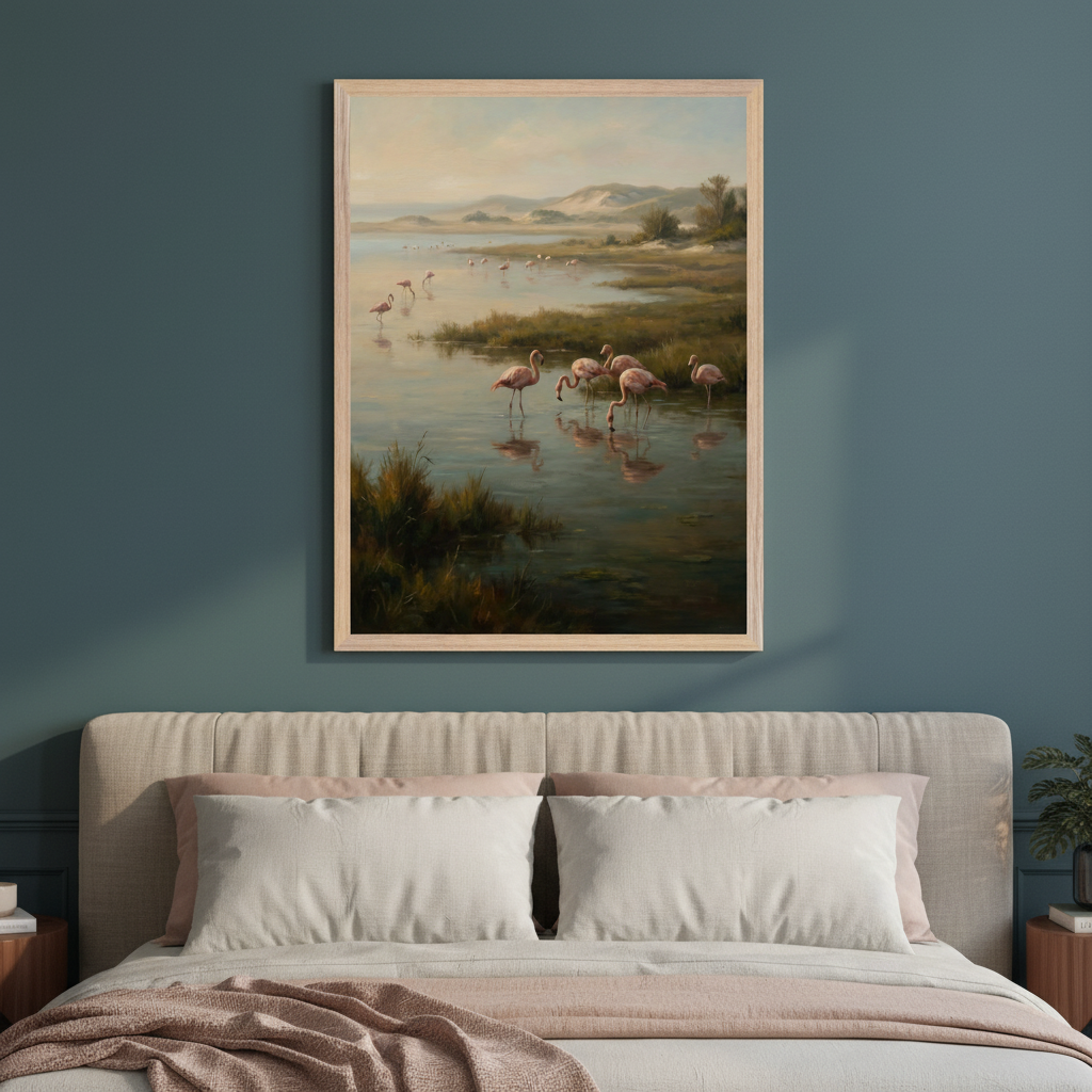 Modern bedroom with a light beige upholstered bed. A large framed painting of pink flamingos wading in a marsh with distant hills hangs centered above the bed.