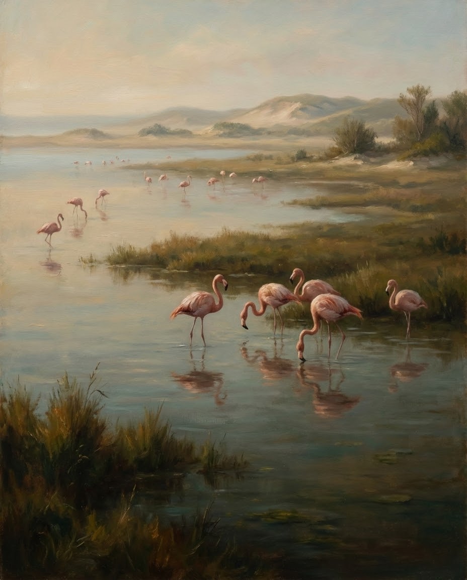 A peaceful landscape painting of flamingos wading in shallow water surrounded by grassy marshland, with soft hills and a calm sky in the distance.
