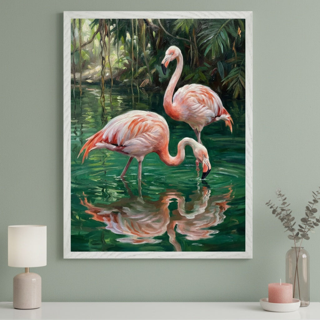 Modern room with sage green walls. A white-framed painting of two pink flamingos in green water hangs above a white console table with a beige lamp, a pink candle, and a vase with branches.