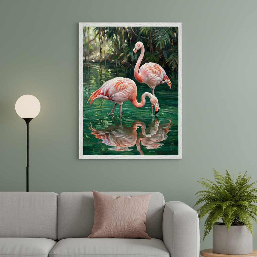 Modern living room with a light gray sofa and pink pillow. A black floor lamp is on the left, and a fern plant on the right. A large white-framed realistic painting of two pink flamingos standing in green water with reflections hangs centered above the sofa.