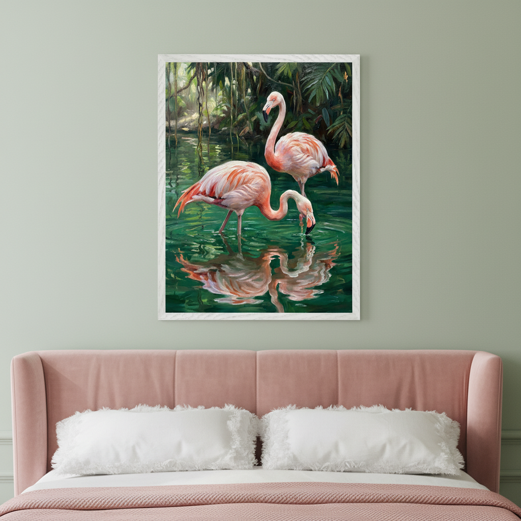 Bedroom with a pink upholstered bed against a pale green wall. A large framed painting of two pink flamingos in a jungle pond with reflections hangs centered above the bed.
