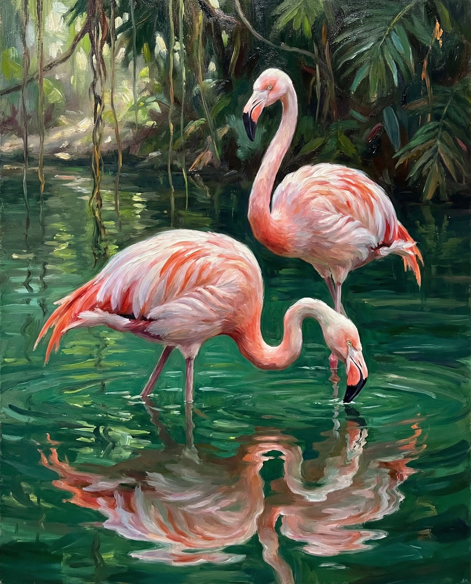 Two vibrant flamingos stand in rich green water with their reflections visible, set against a lush, leafy jungle backdrop with hanging vines.
