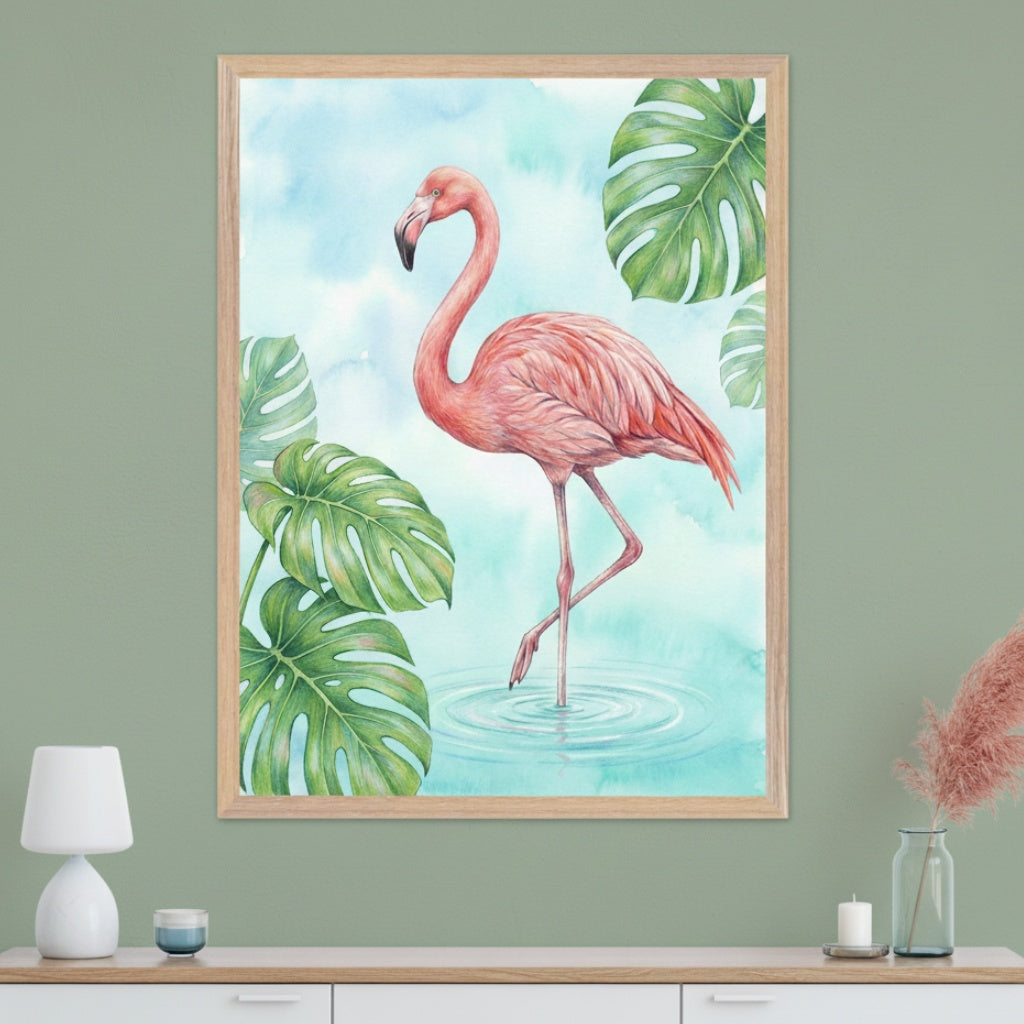 Modern room with a light wood console table and white drawers. A framed watercolor painting of a pink flamingo standing in rippling water with green monstera leaves on a blue background hangs centered above the table.
