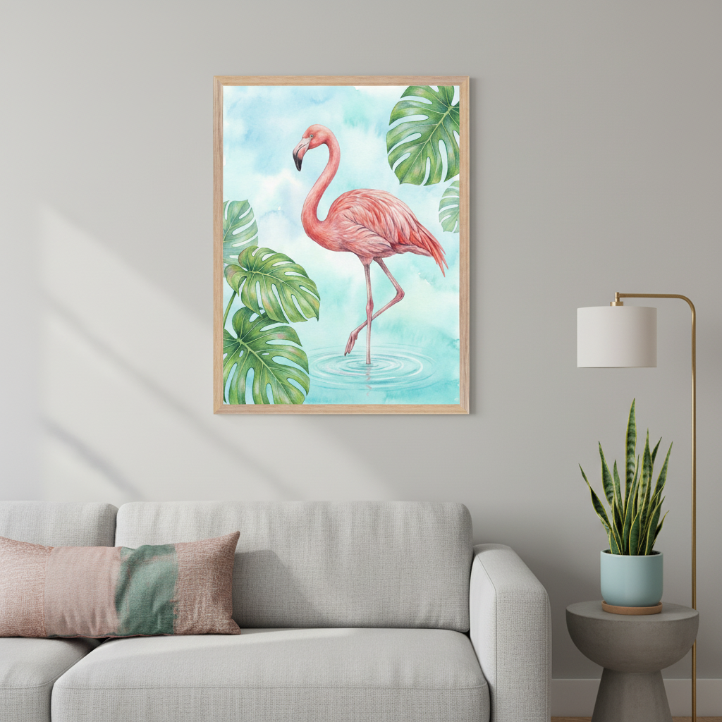 Living room with a gray sectional sofa. A light wood framed watercolor print of a pink flamingo wading in blue water with green monstera leaves hangs centered above the left sofa section. To the right, a floor lamp and a snake plant in a blue pot sit on a gray side table.