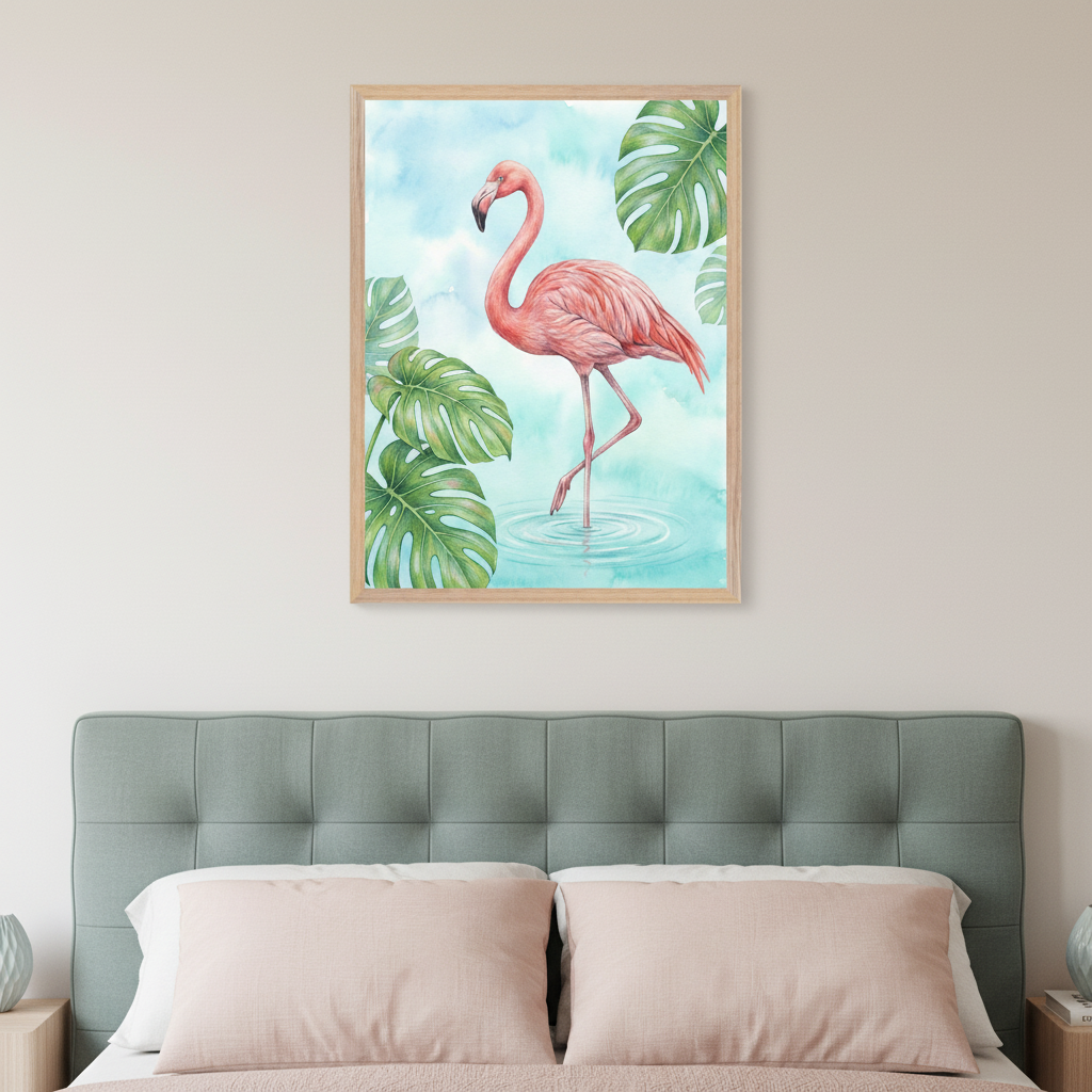 Modern bedroom with a green tufted headboard and pink pillows. A framed watercolor art print of a pink flamingo standing in blue water with green monstera leaves hangs centered above the bed.