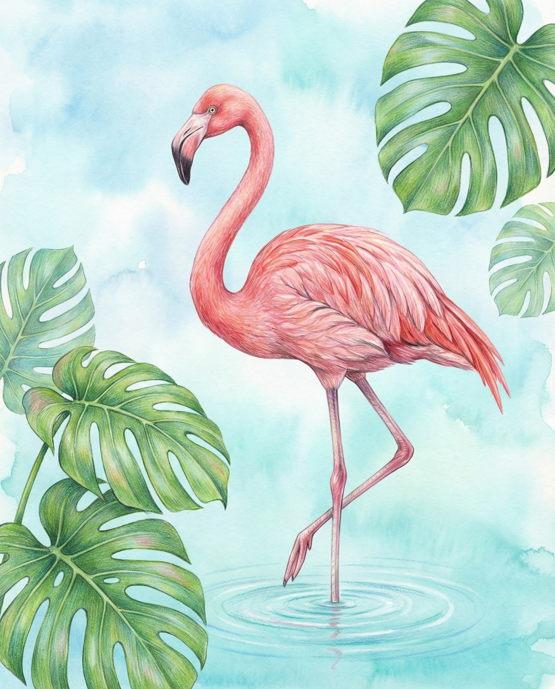 A single pink flamingo stands in still water surrounded by large green monstera leaves, with a bright and soft watercolor background.
