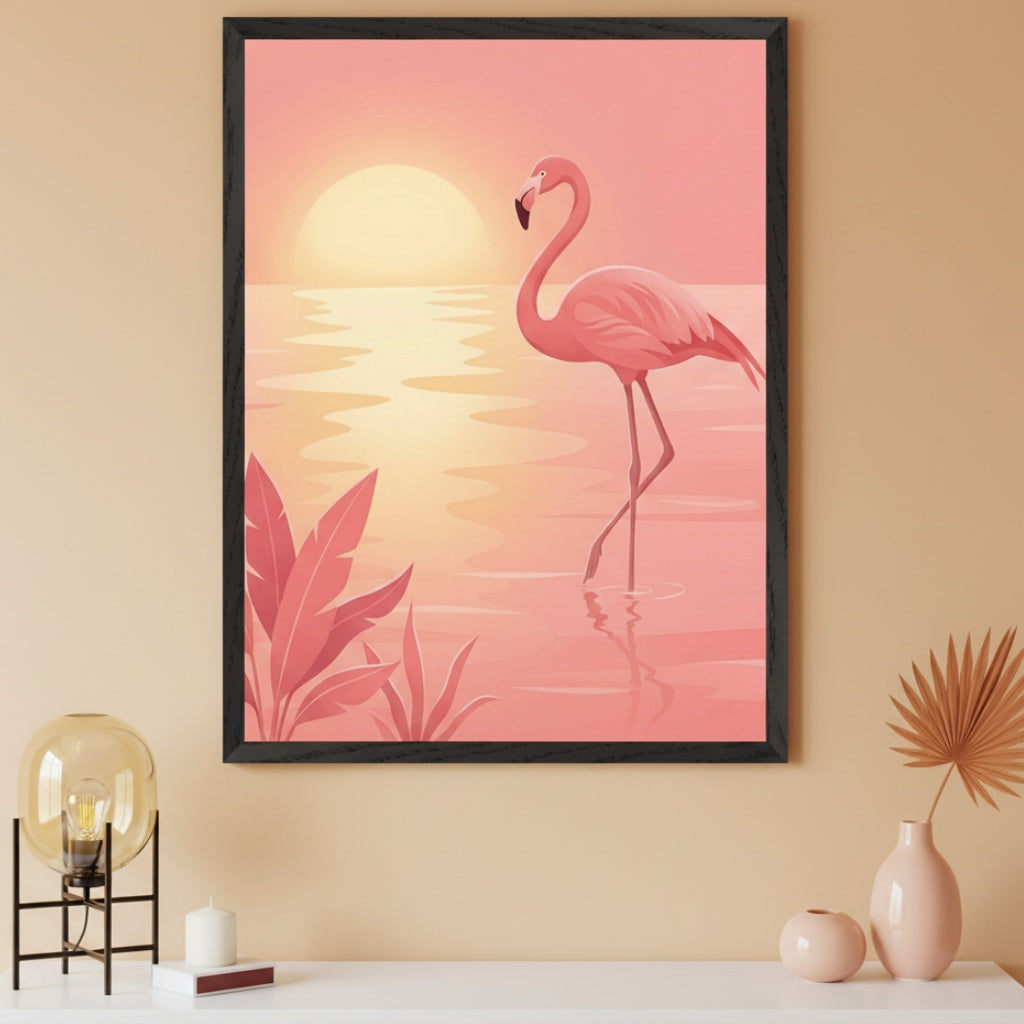 Modern room with a light beige wall and a white console below. A large framed illustration of a pink flamingo wading in water at sunset with tropical leaves in the foreground hangs centered above the console.
