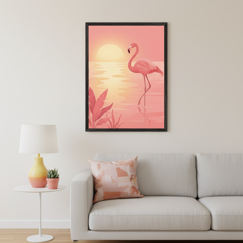 Modern living room with a light gray sofa and a white side table with a lamp. A black-framed print of a pink flamingo at sunset in water with tropical plants hangs above the sofa. Illustrated style.