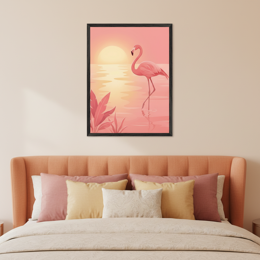 Modern bedroom with an orange upholstered bed. A framed illustration of a pink flamingo standing in water at sunset with pink plants hangs on the wall above the bed.