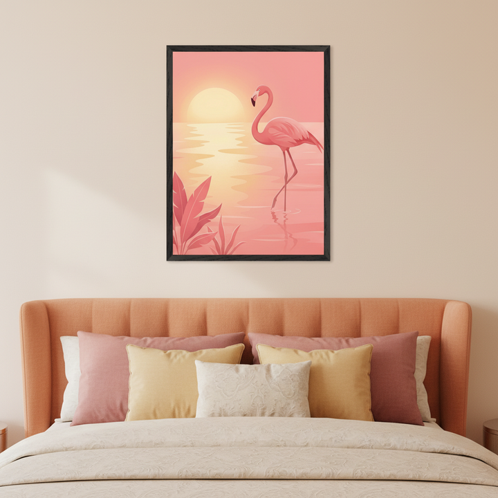 Modern bedroom with an orange upholstered bed. A framed illustration of a pink flamingo standing in water at sunset with pink plants hangs on the wall above the bed.