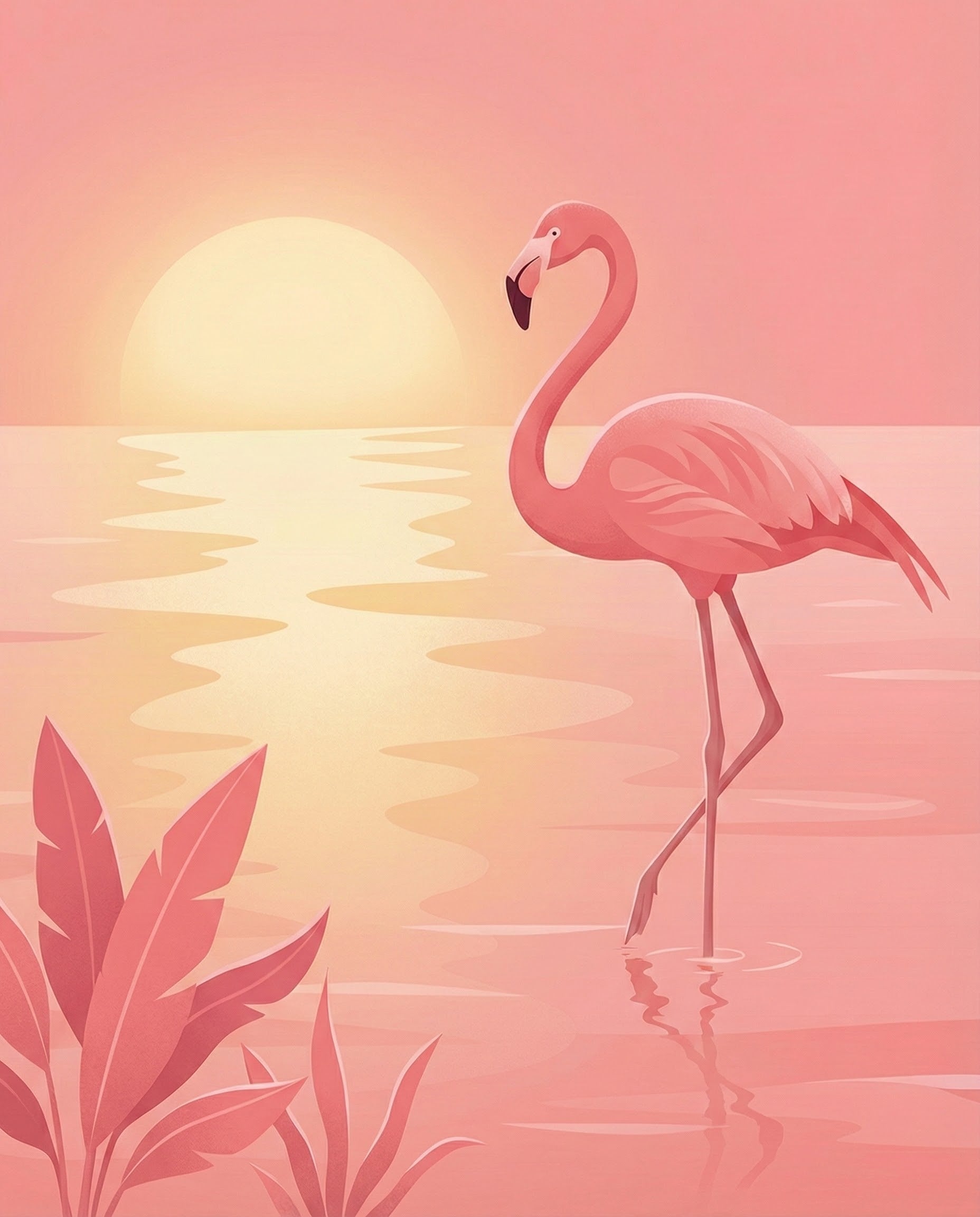 Minimalist art of a lone flamingo standing in glowing pink water with large leaves in the foreground and the sun setting in the distance.
