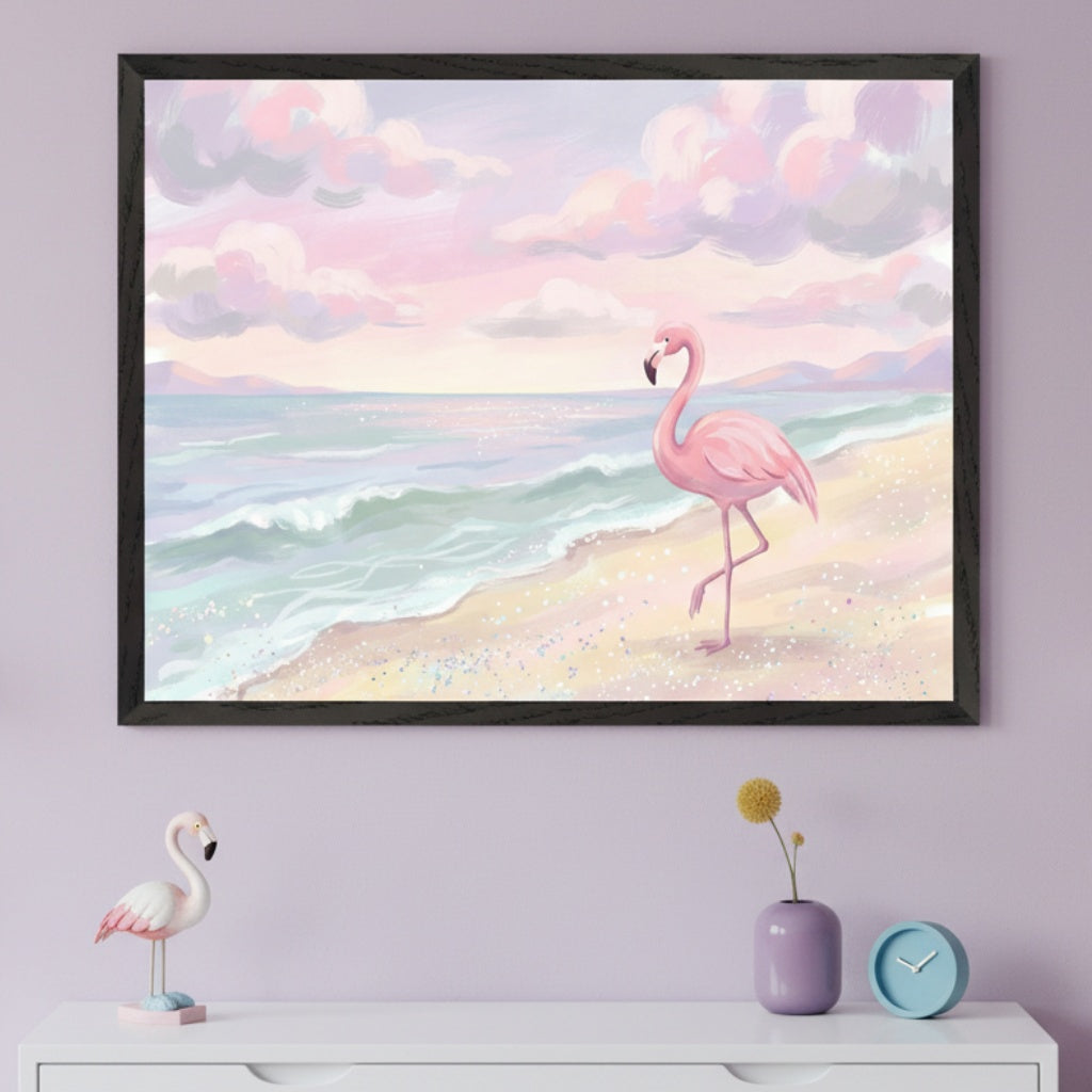 Modern room with purple walls and a white dresser. A large framed illustration of a pink flamingo on a beach with pastel sky and waves hangs centered above the dresser. A small flamingo figurine, a purple vase with a yellow flower, and a blue clock sit on the dresser.