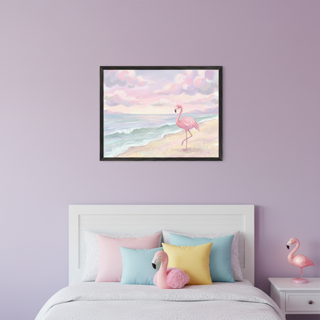 Kid's bedroom with a white bed and headboard against a light purple wall. A black-framed painting of a pink flamingo on a beach with a pastel sky hangs centered above the bed. The bed has pastel pillows and a flamingo plush toy. A white nightstand with a flamingo statue is to the right.