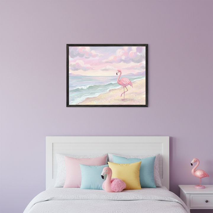 Kid's bedroom with a white bed and headboard against a light purple wall. A black-framed painting of a pink flamingo on a beach with a pastel sky hangs centered above the bed. The bed has pastel pillows and a flamingo plush toy. A white nightstand with a flamingo statue is to the right.