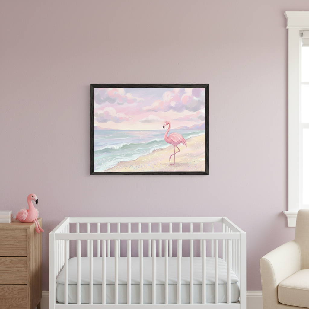 Modern nursery with a white crib, wood dresser, and cream armchair. A framed illustrative print featuring a pink flamingo on a sandy beach with pastel sky and waves hangs above the crib.