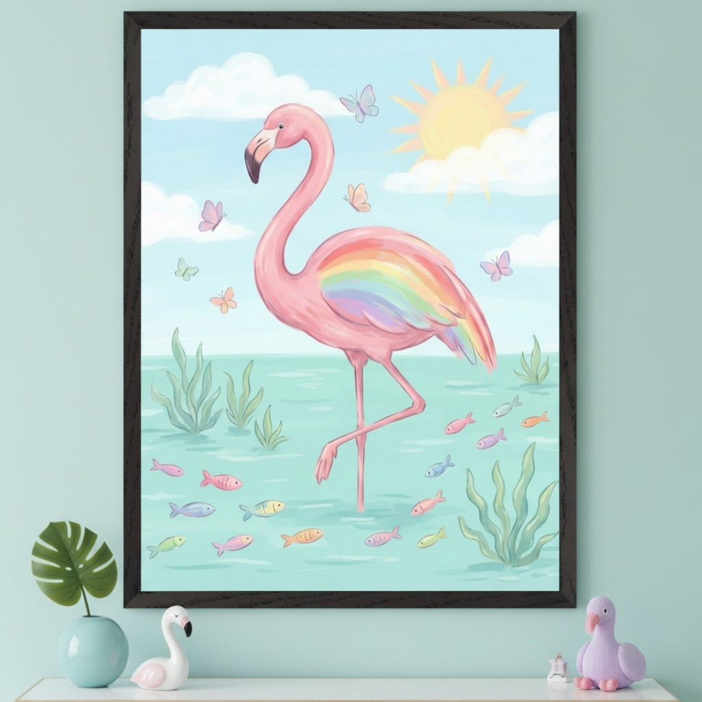 Kid's room with a white dresser. A large framed watercolor print of a pink flamingo with rainbow wings, standing in water with fish and plants, under a sunny sky with clouds and butterflies, hangs above the dresser. Decorative swan and flamingo figurines are on the dresser.