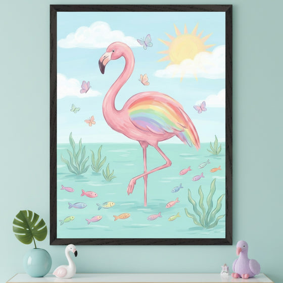 Kid's room with a white dresser. A large framed watercolor print of a pink flamingo with rainbow wings, standing in water with fish and plants, under a sunny sky with clouds and butterflies, hangs above the dresser. Decorative swan and flamingo figurines are on the dresser.