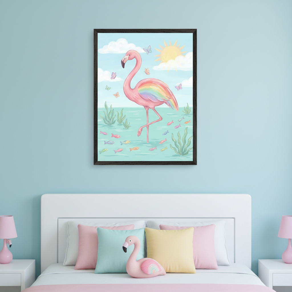 Kid's bedroom with a white bed and nightstands. A black-framed whimsical illustration of a pink flamingo with rainbow wings, butterflies, and fish hangs centered above the bed.