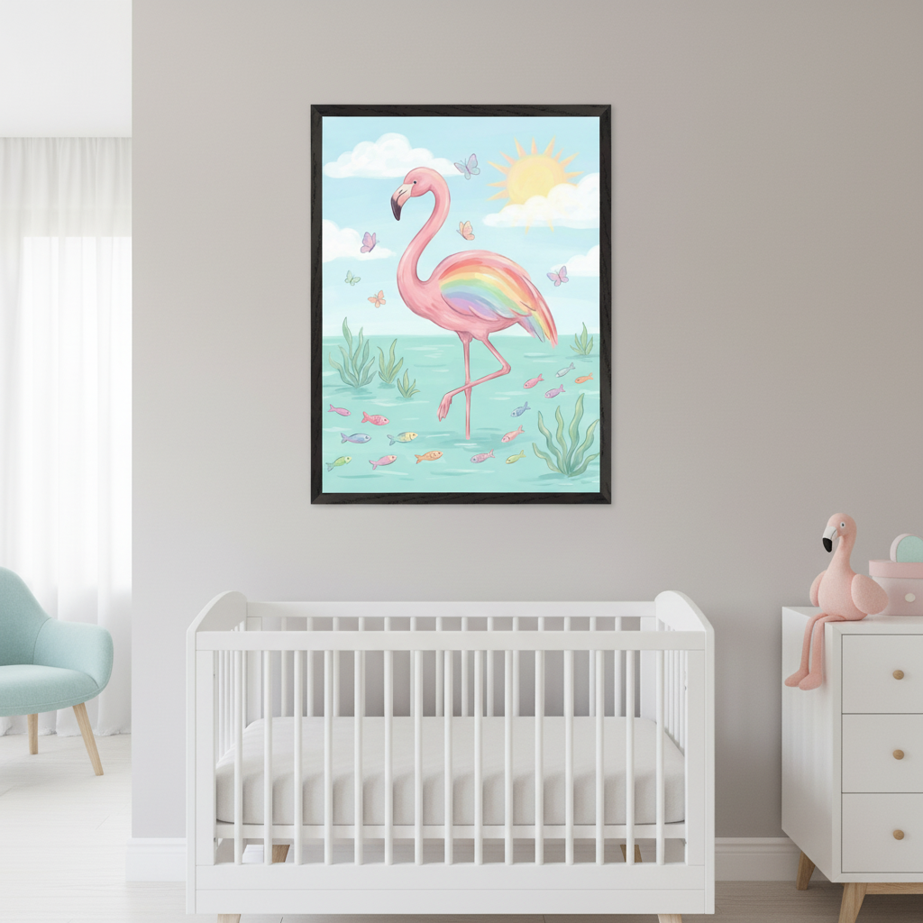 Modern nursery with a white crib and dresser, and a light blue armchair. Framed art of a pink flamingo with a rainbow wing in water with fish, butterflies, and sun hangs above the crib on a gray wall.